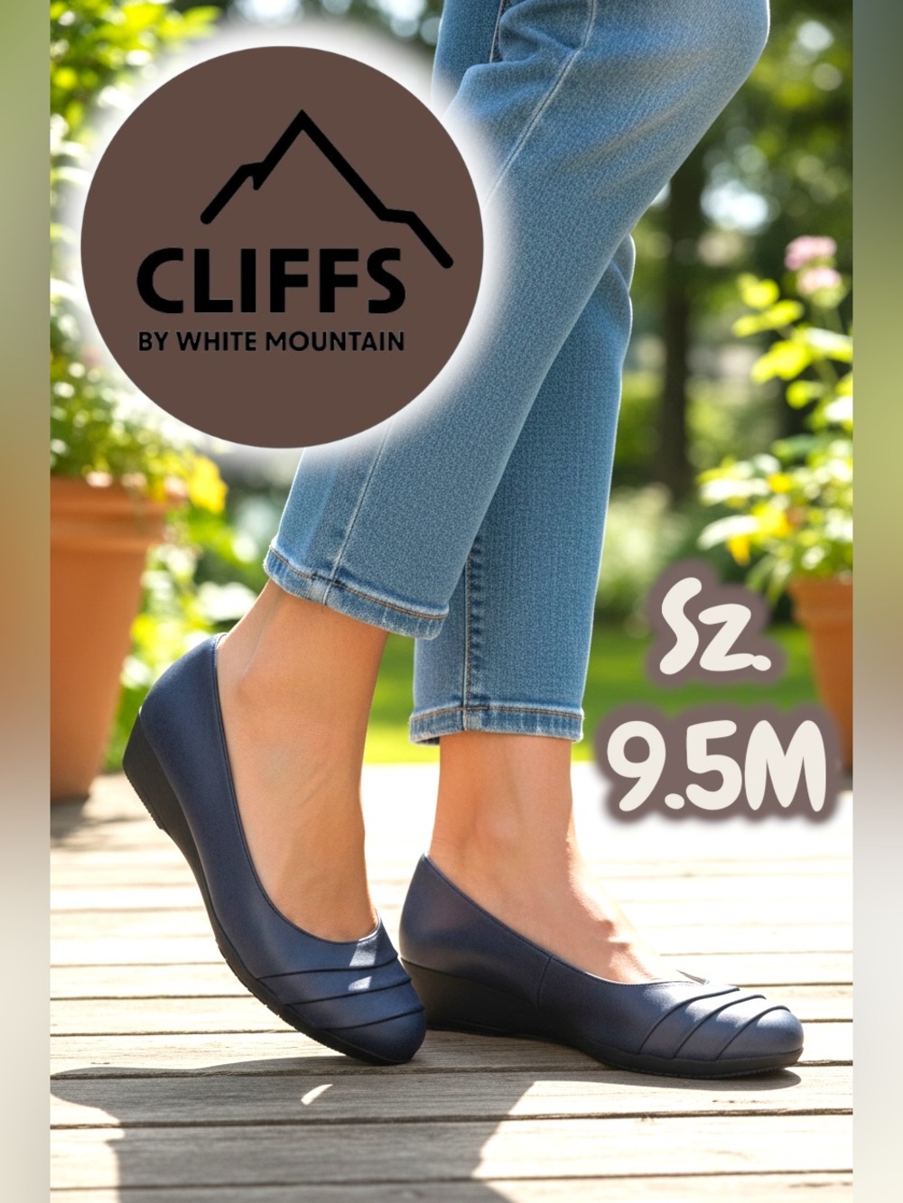 NWOT Cliffs Clara Navy Blue Pleated Wedge Ballet Flats Sz. 9.5M